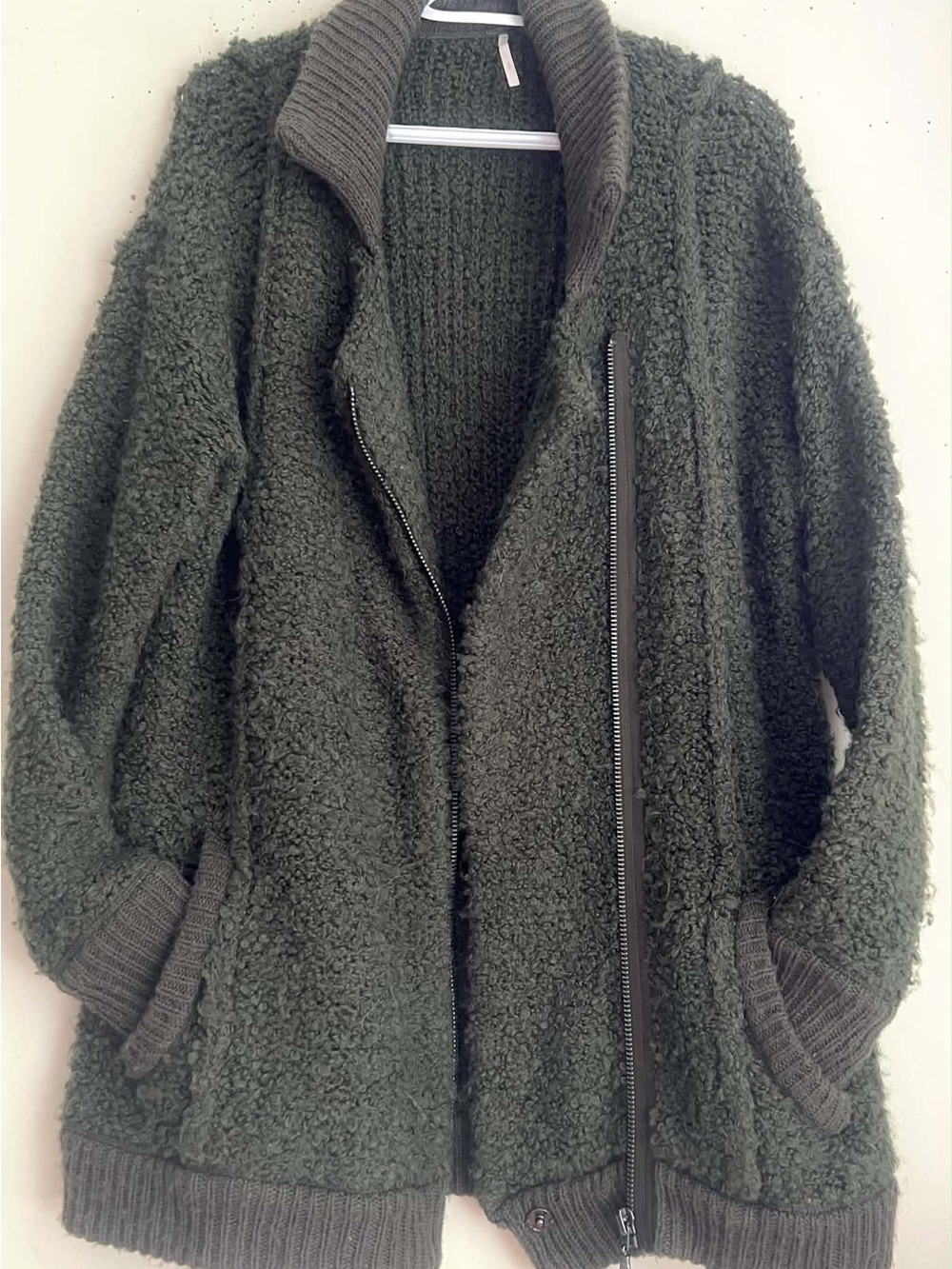 Free People Olive Teddy Sherpa Jacket with Ribbed Trim